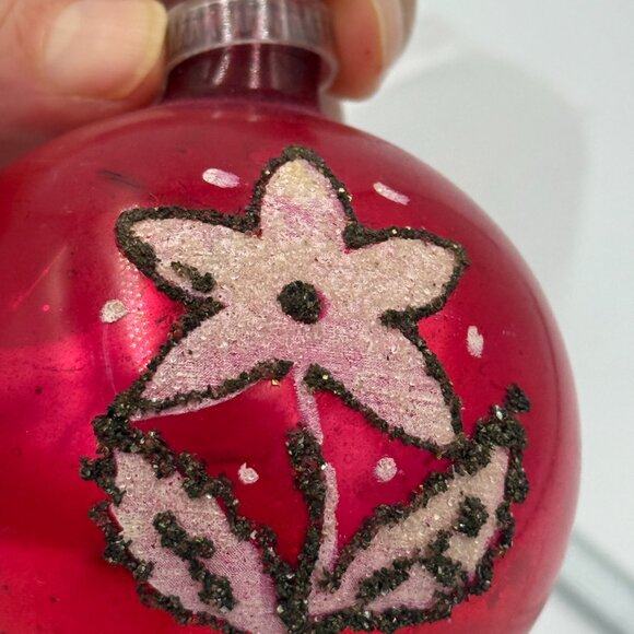 2 Vintage Austrian Plastic Cap Mica Christmas glass Ornaments Red Round Flower 2 - Picture 6 of 16